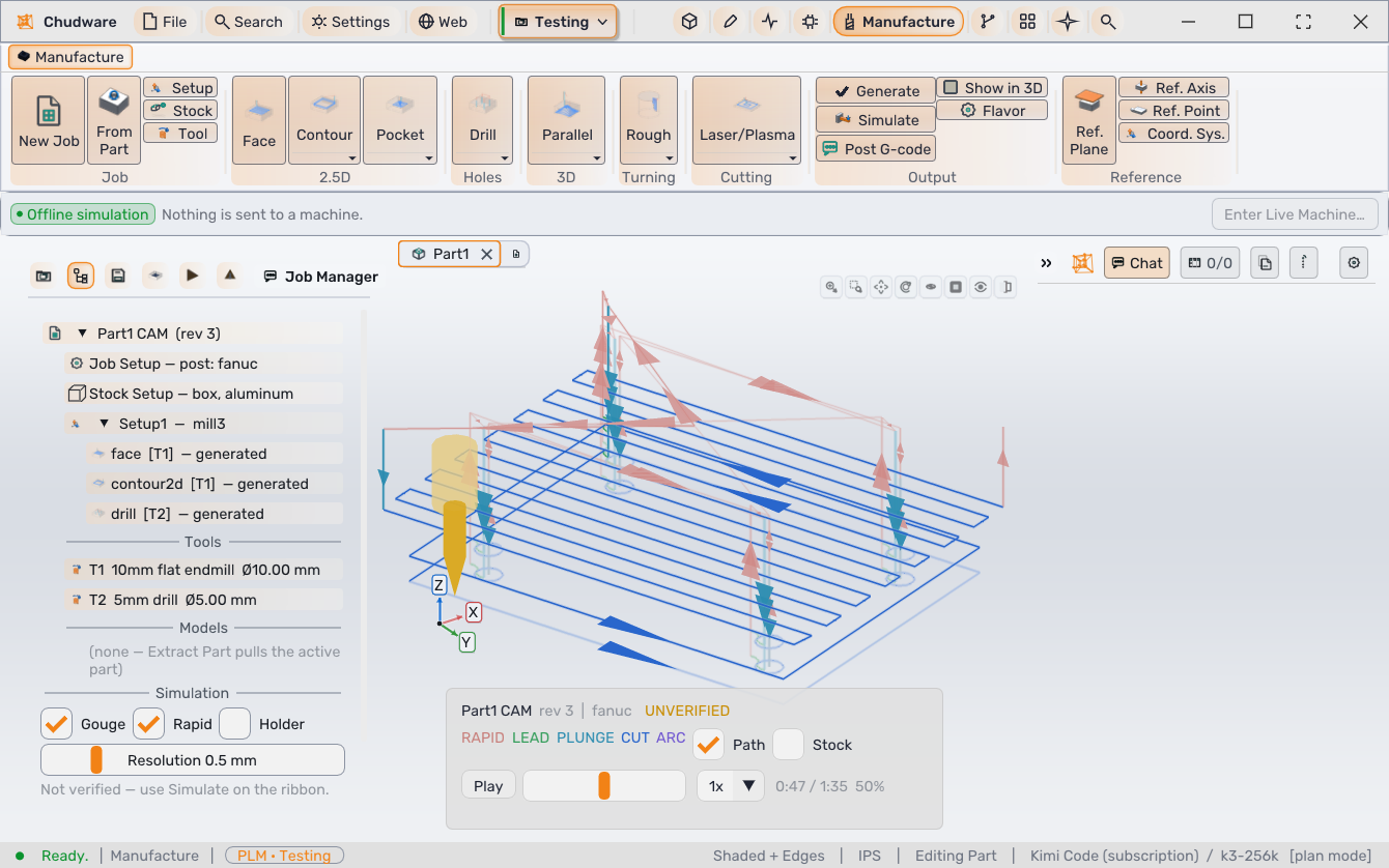 Chudware manufacturing workspace showing a CAM job, stock, tools, operations, and toolpath simulation