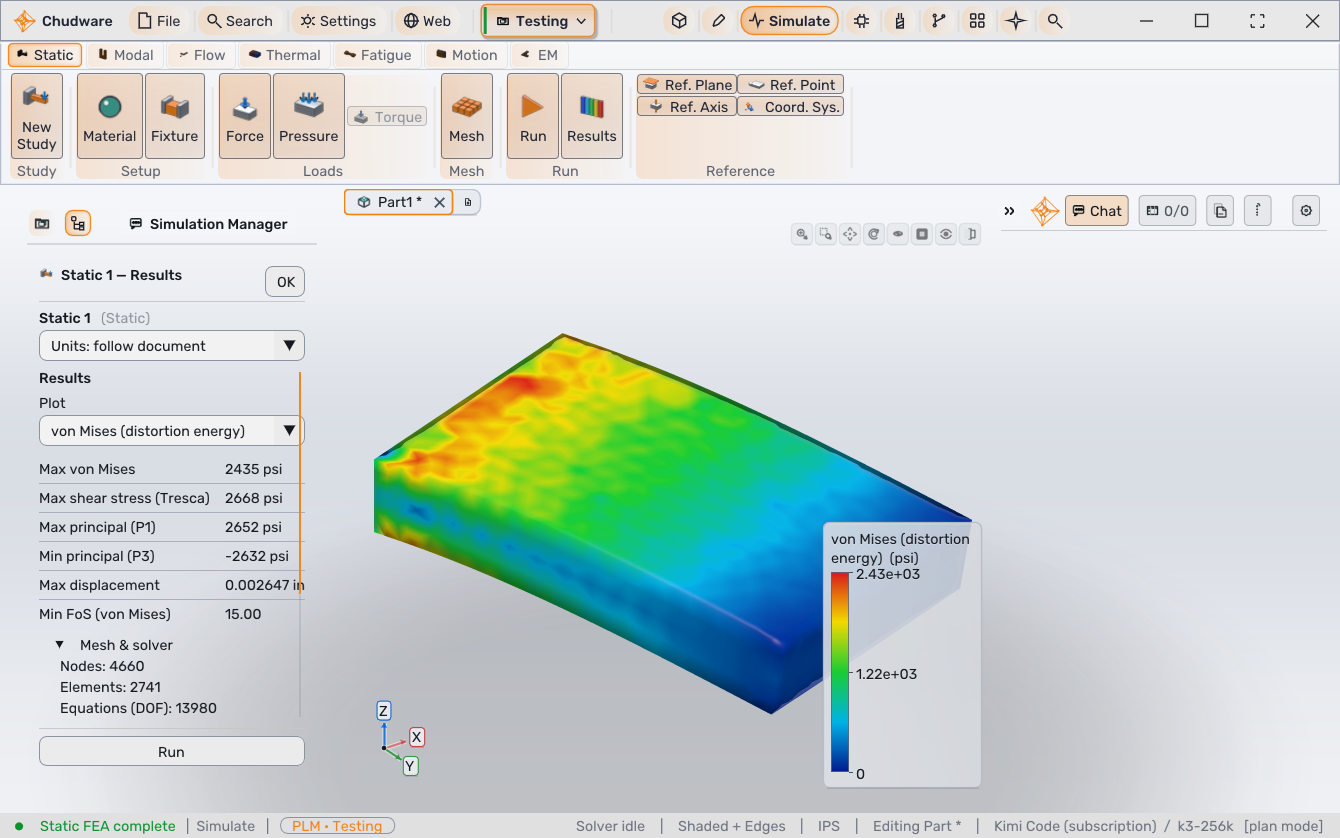 Chudware Simulate workspace: a von Mises stress colour map across a loaded part with its scale bar, beside peak stress, displacement, factor of safety, and mesh counts