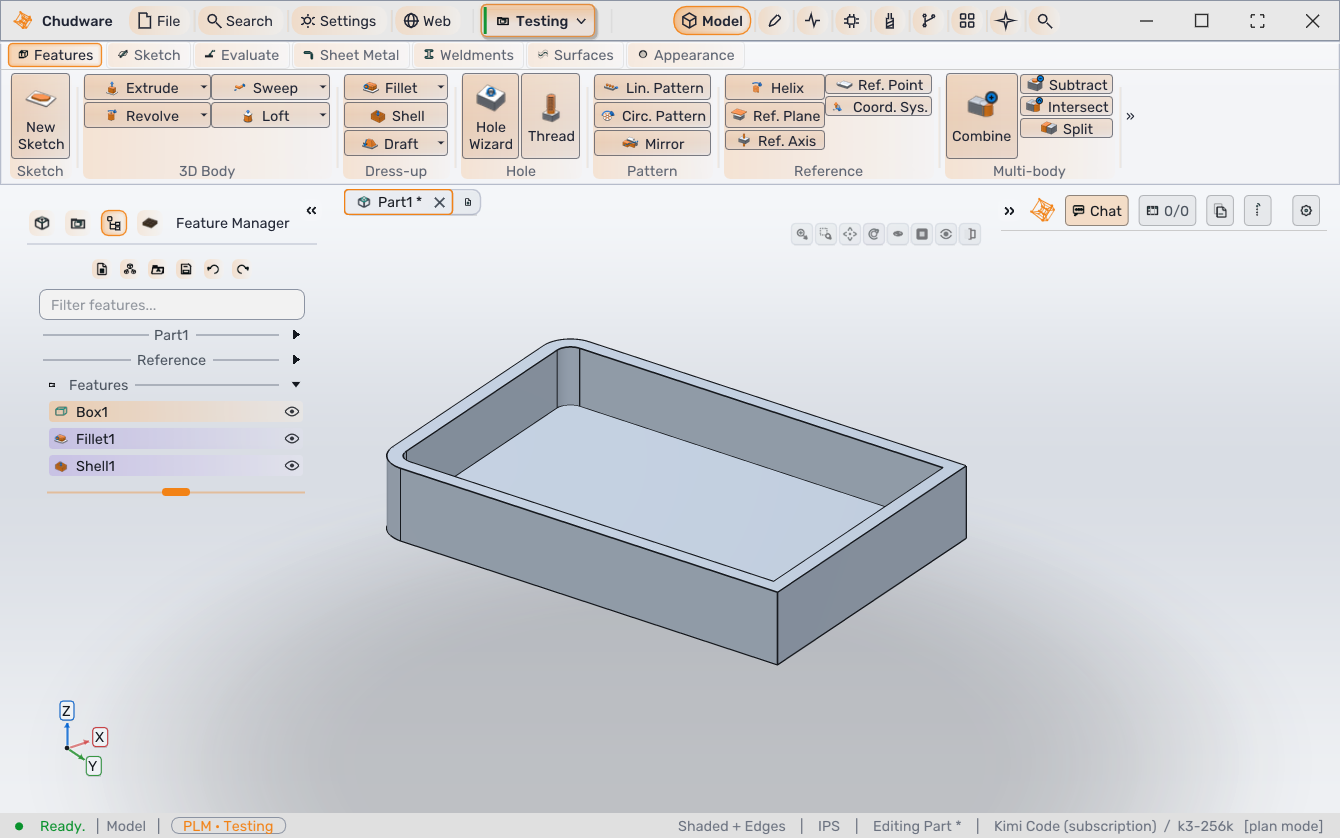 The Chudware modeling workspace showing a shelled parametric enclosure beside its feature tree