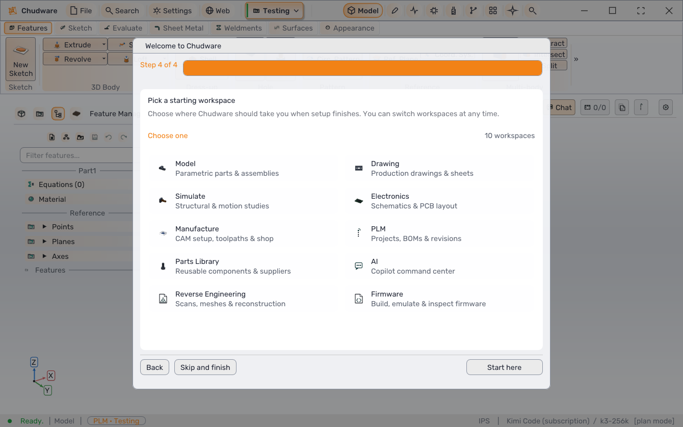 Chudware onboarding screen for choosing a starting engineering workspace